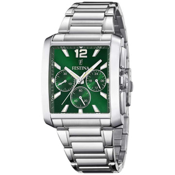 Αντρικό ρολόι Festina On The Square F20635/3 χρονογράφος, με ασημί ατσάλινο μπρασελέ και πράσινο καντραν, τζαμάκι από ορυκτο κρύσταλλο, μηχανισμό μπαταρίας και τετράγωνο σχήμα διάστασης 29mm, αδιάβροχο στις 5ΑΤΜ-50Μ.